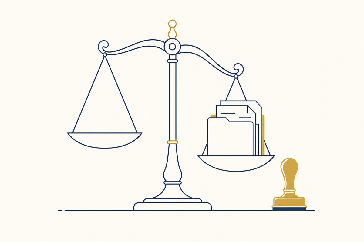 Balance de la justice stylisée portant un dossier de documents d'assemblée générale