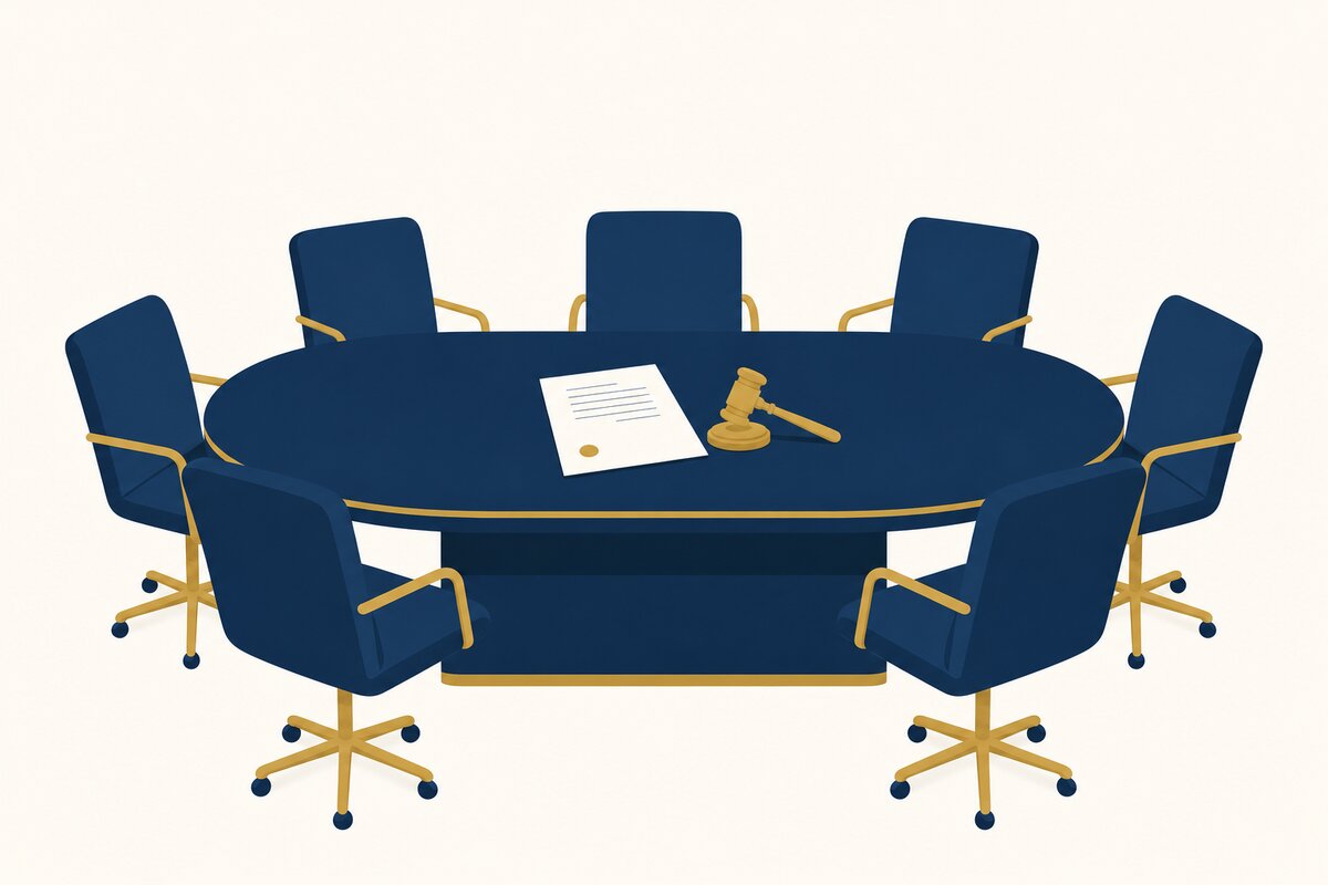 Table d'assemblée générale vide avec un procès-verbal et un marteau d'avocat doré